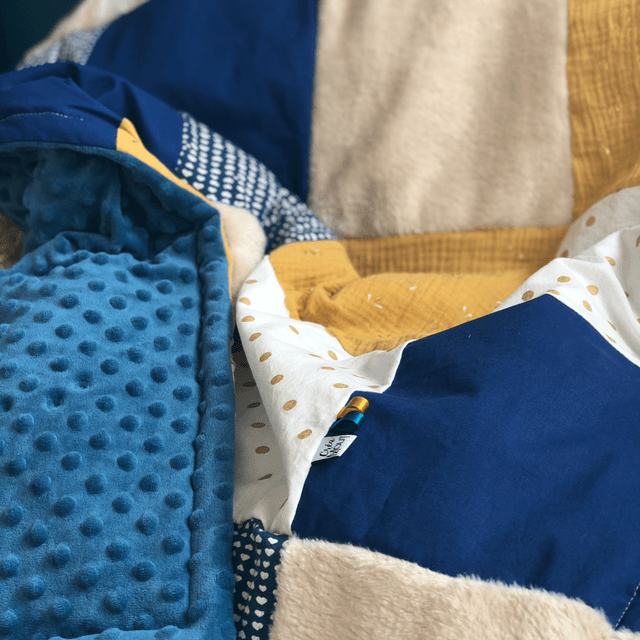 Couverture patchwork bébé bleu/jaune